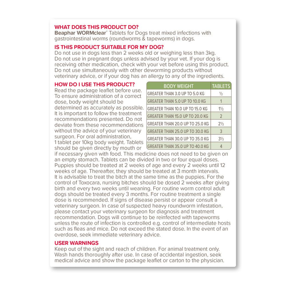 Beaphar WORMclear for Large Dogs up to 40kg Worming Tablets x 4