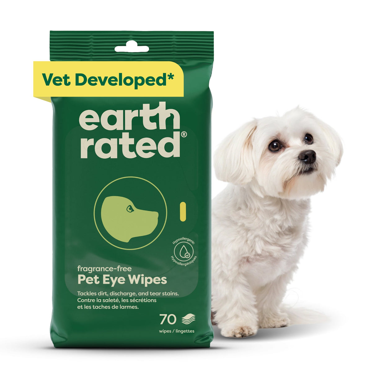 Earth Rated Dog Eye Wipes – Fragrance Free – 70 Pack