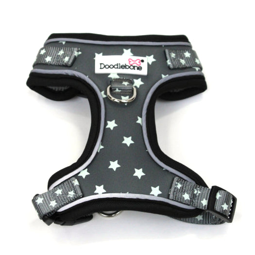 Doodlebone Adjustable Airmesh Dog Harnesses Grey Stars Glow in the Dark 5 Sizes